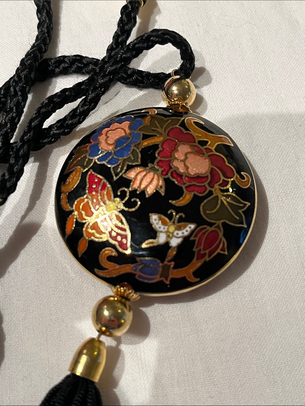 Vintage Cloisonné Floral Pendant Necklace with Black Tassel, Asian Inspired